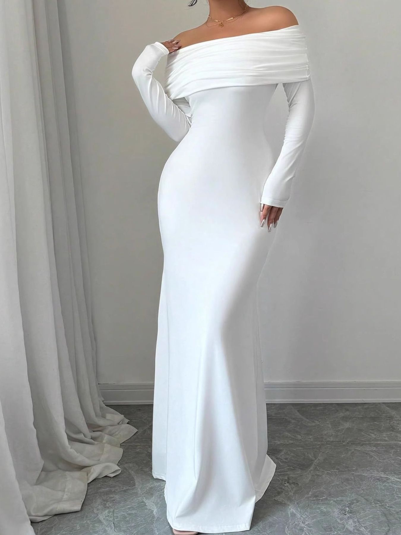 white off the shoulder ruched bodycon dress Bell Sleeve Off Shoulder Ruched Bodycon Dress, White / XS