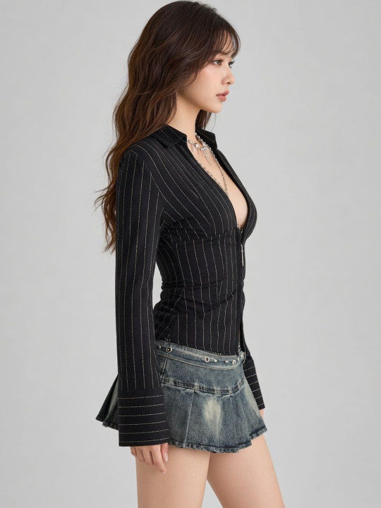 Striped Long Sleeve Fitted Blouse