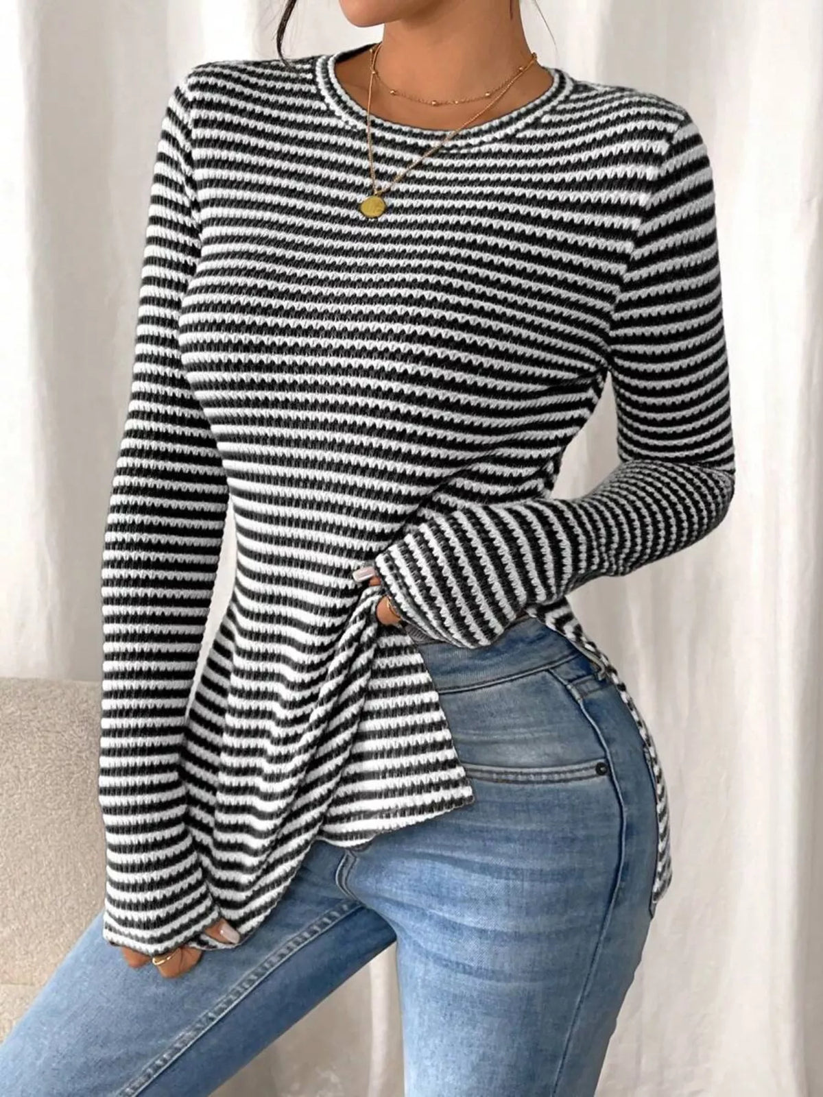 Slit Striped Long Sleeve Casual T-Shirt