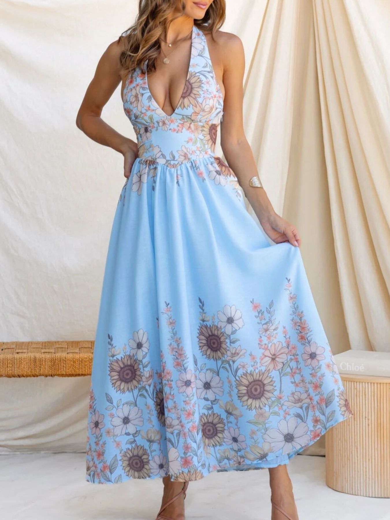 v neck halter dress White Satin Fitted Gown by Amoris T720W L / Off White Designed for the bride who embraces timeless elegance with a modern sensibility Floral V-Neck Halter Maxi Dress