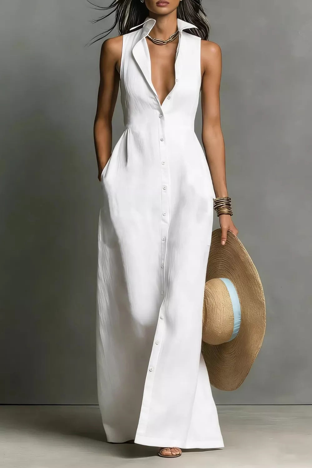 white sleeveless button down dress Button-Down Maxi around 38 Color:Glitter Bronze Mac Duggal Women's Long pleated prom dresses