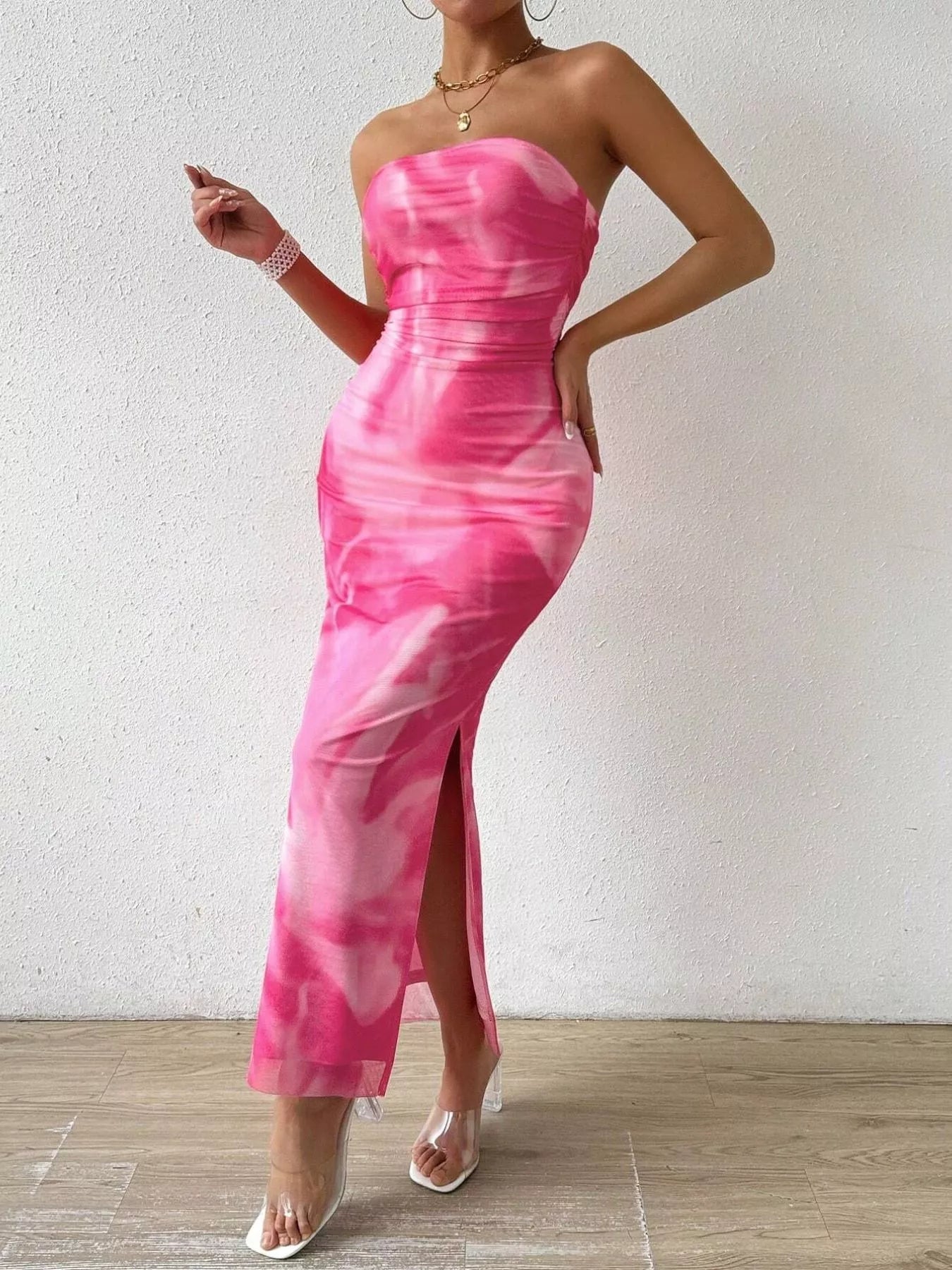 Tie-Dye Ruched Bodycon Tube Slit Dress