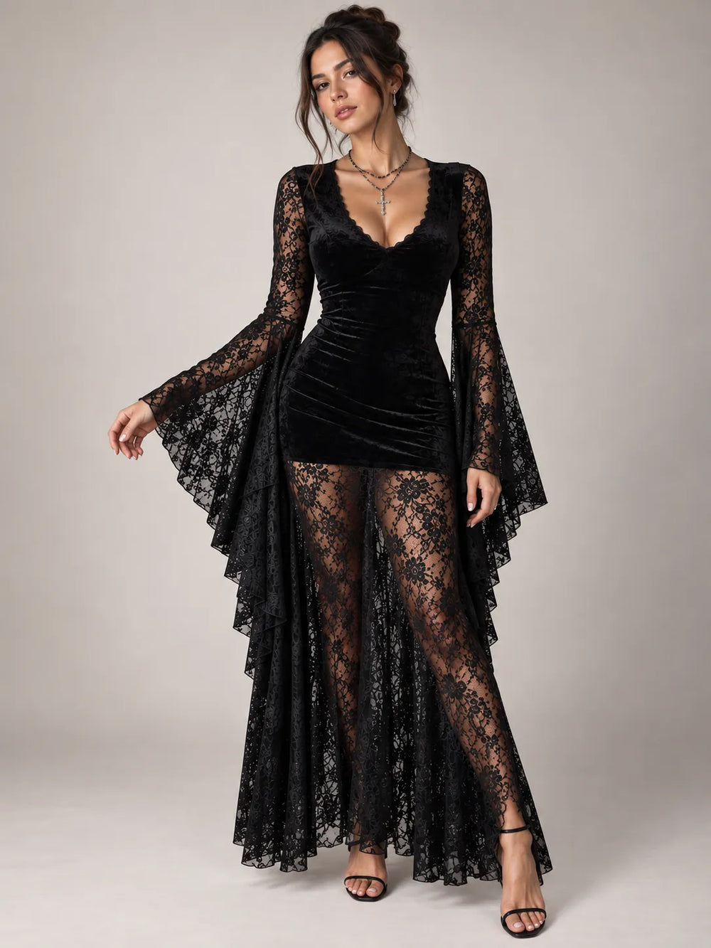 Lace V-Neck Flare Sleeve Dress