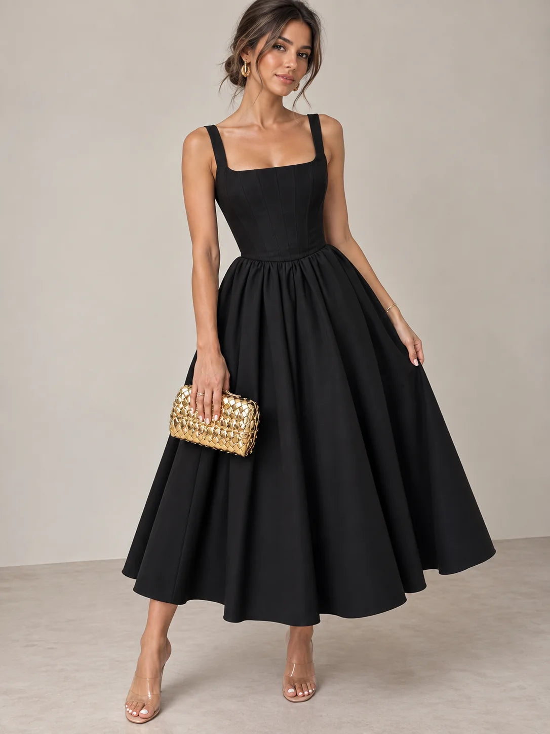 Square Neck A-Line Midi Dress
