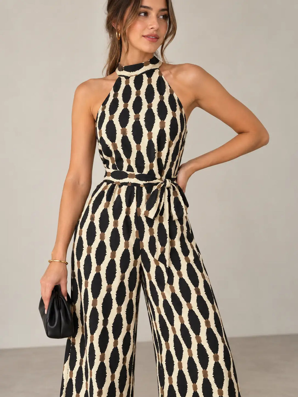 Tied Printed Grecian Neck Jumpsuit