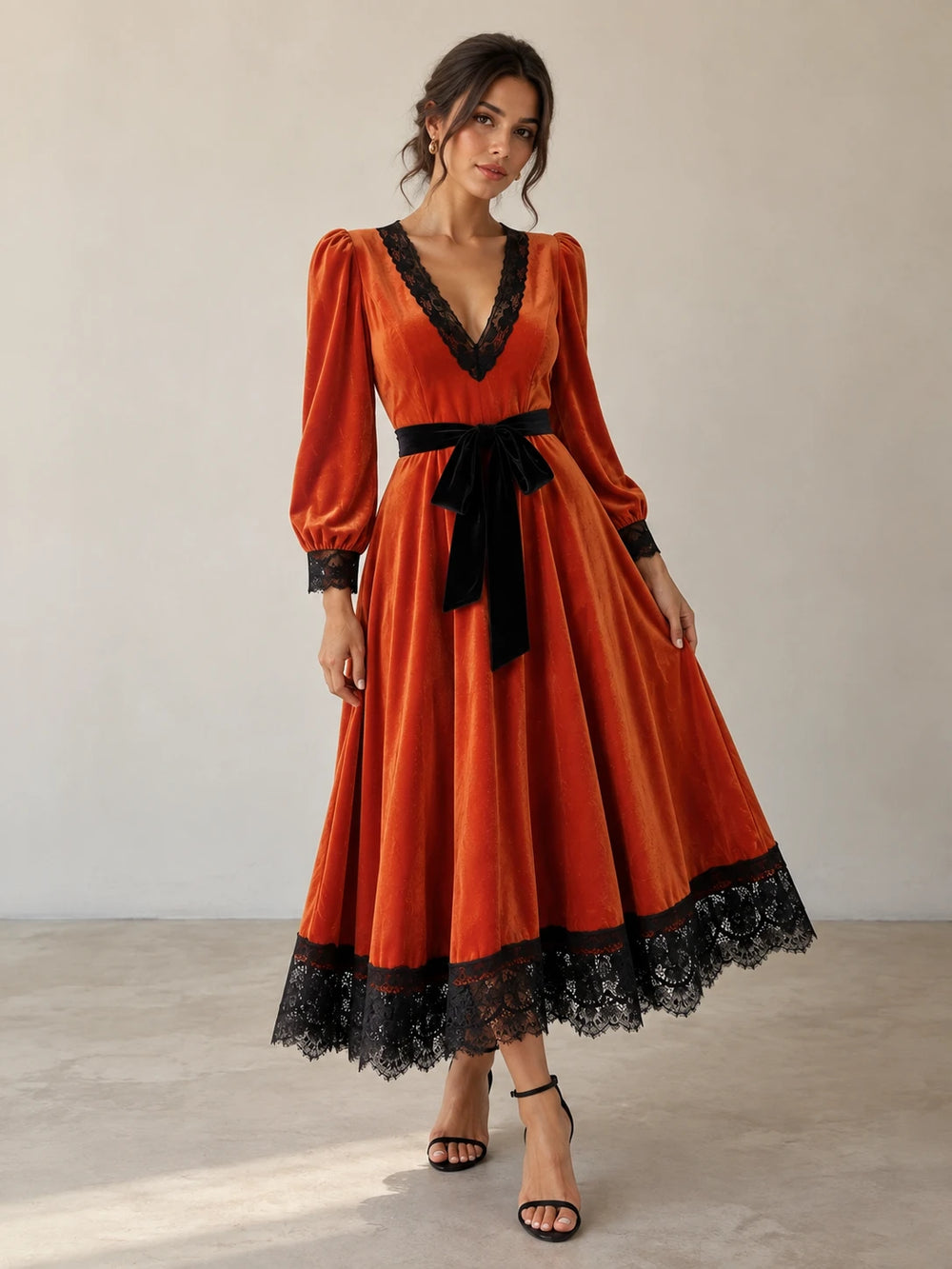 Velvet V-Neck Lace Trim Midi Dress with Waist Tie