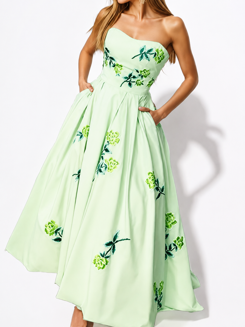 Light green strapless dress with floral embroidery on a white background - Verora