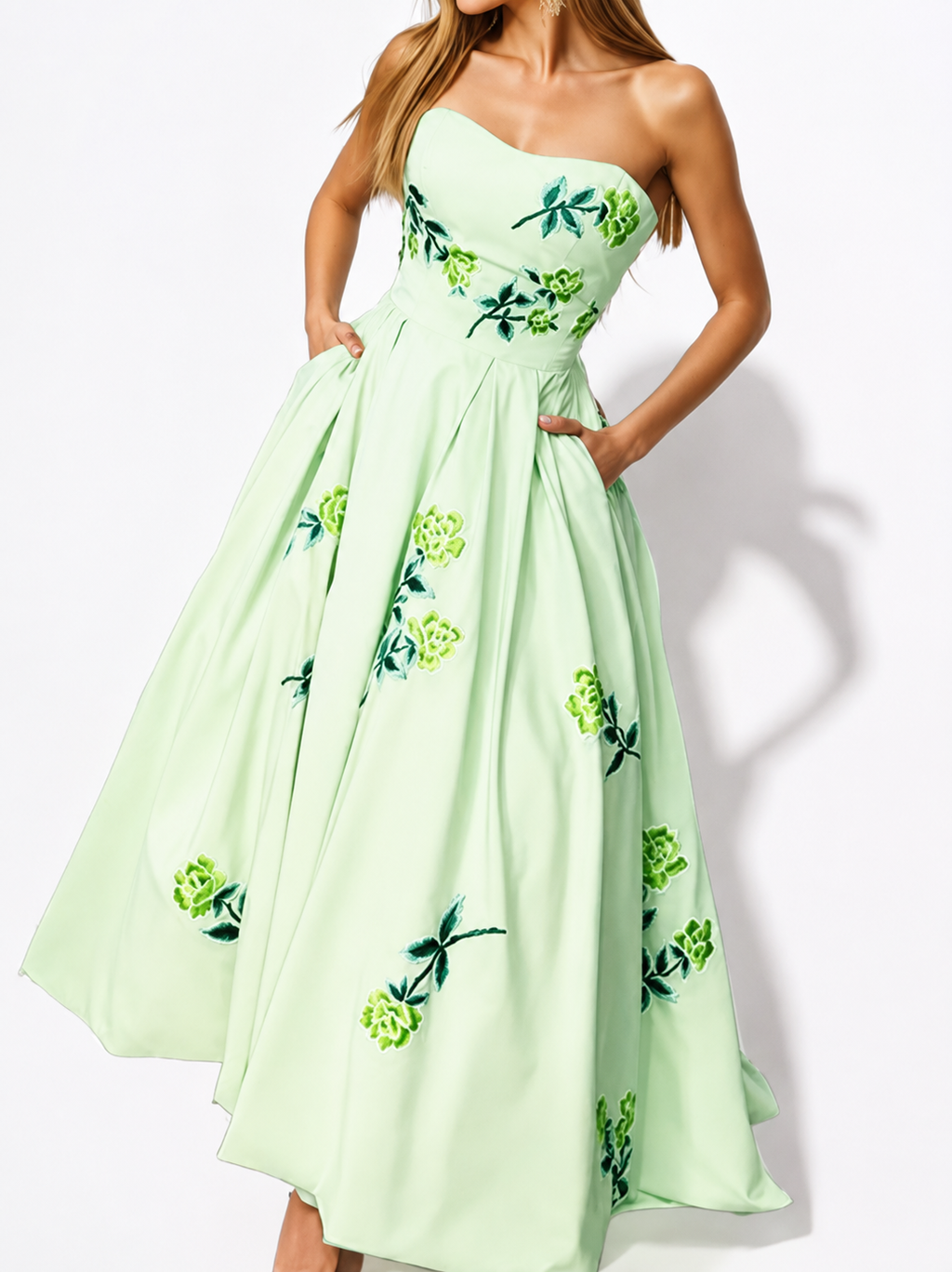 Light green strapless dress with floral embroidery on a white background - Verora