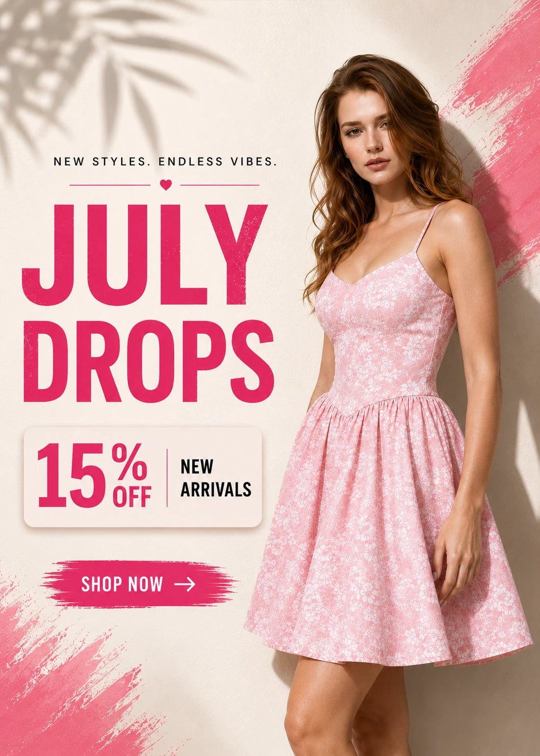 A woman modeling a light pink floral print spaghetti-strap mini dress against a cream background with promotional text reading 'JULY DROPS' and '15% OFF'.