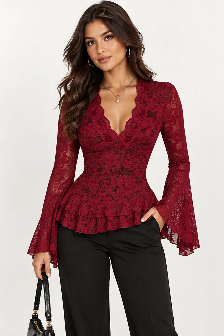 Lace V-Neck Long Sleeve Ruffled Blouse