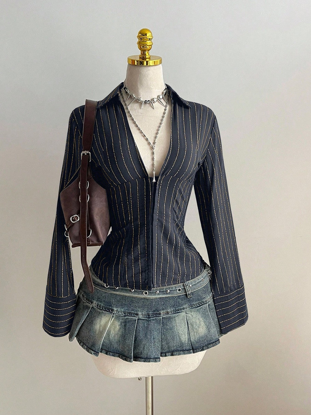 Striped Long Sleeve Fitted Blouse