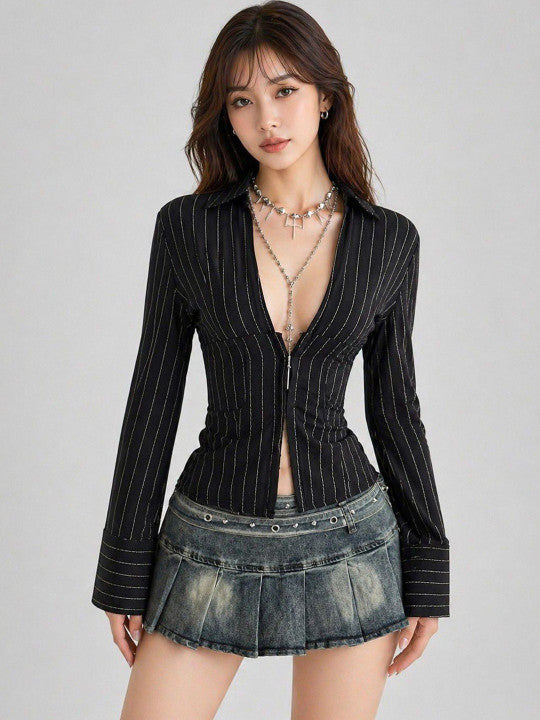 Striped Long Sleeve Fitted Blouse