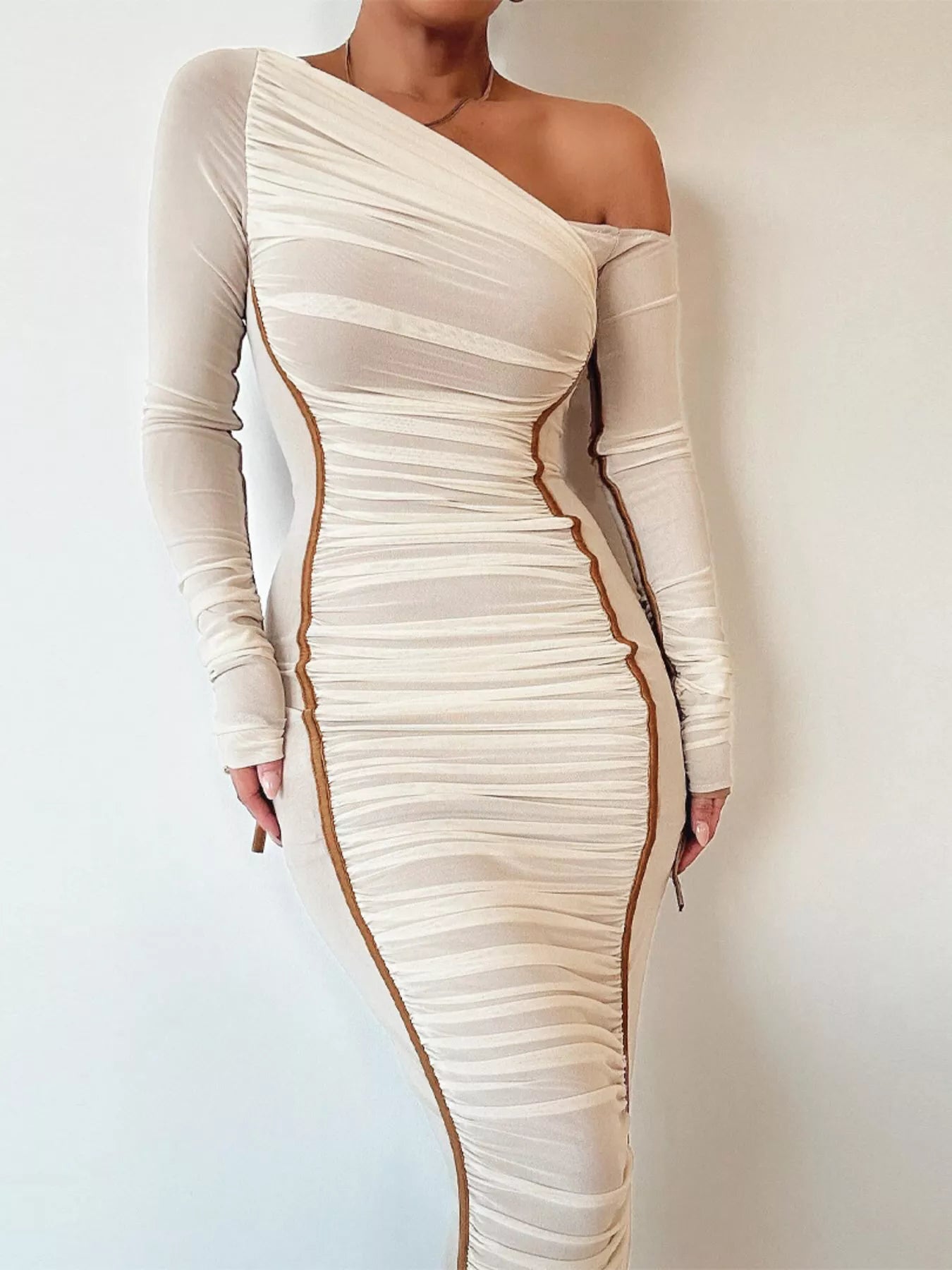 One-Shoulder Ruched Bodycon Midi Dress Apricot / L / Midi Dresses