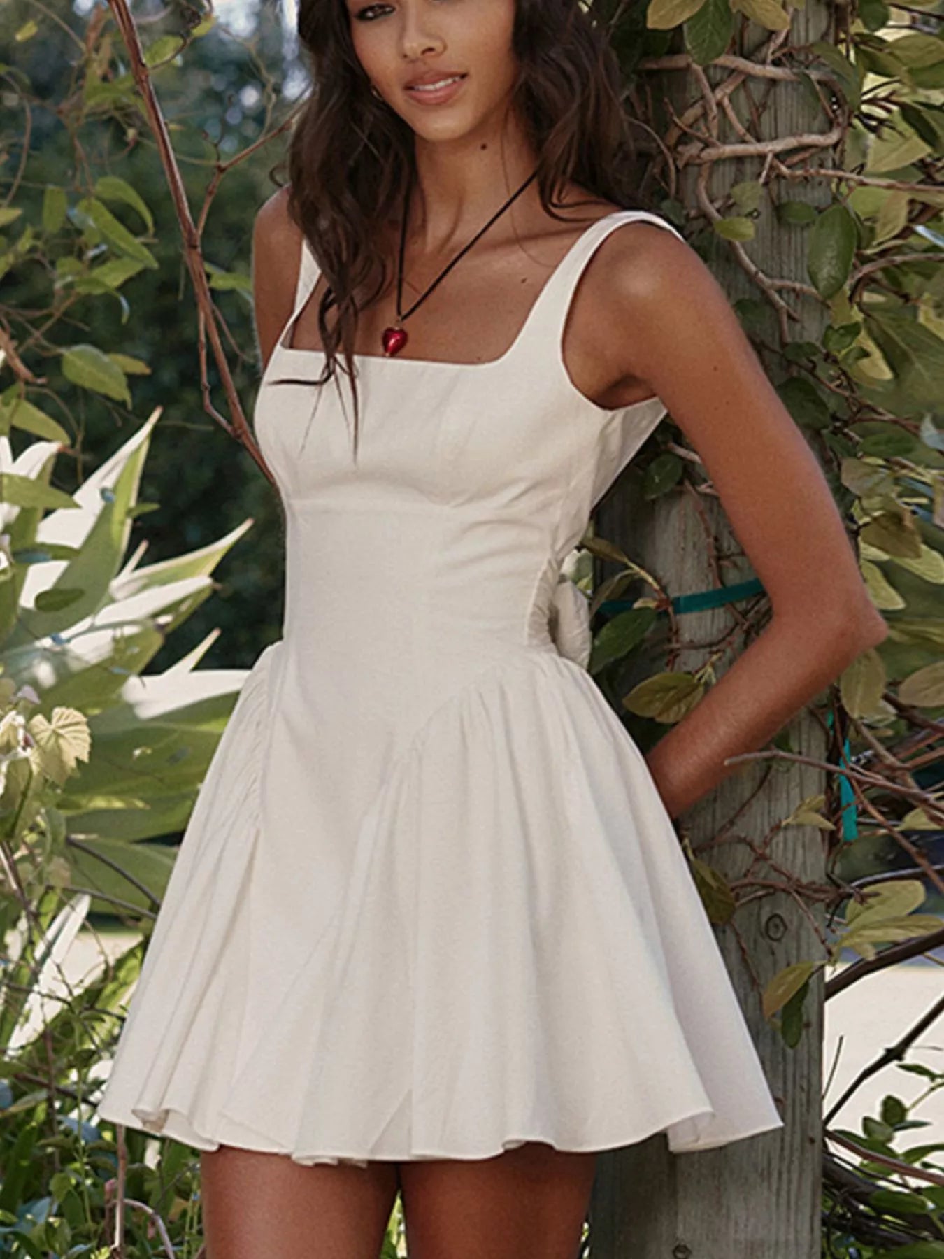 backless square neck dress Lace Trim Square Neck Backless A-Line Dress, Black / XS