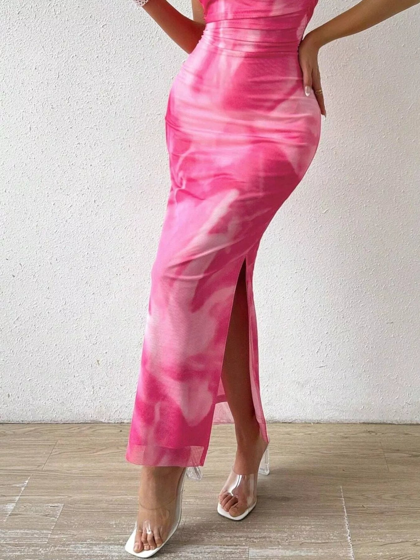Tie-Dye Ruched Bodycon Tube Slit Dress Fuchsia Pink / M / Midi Dresses