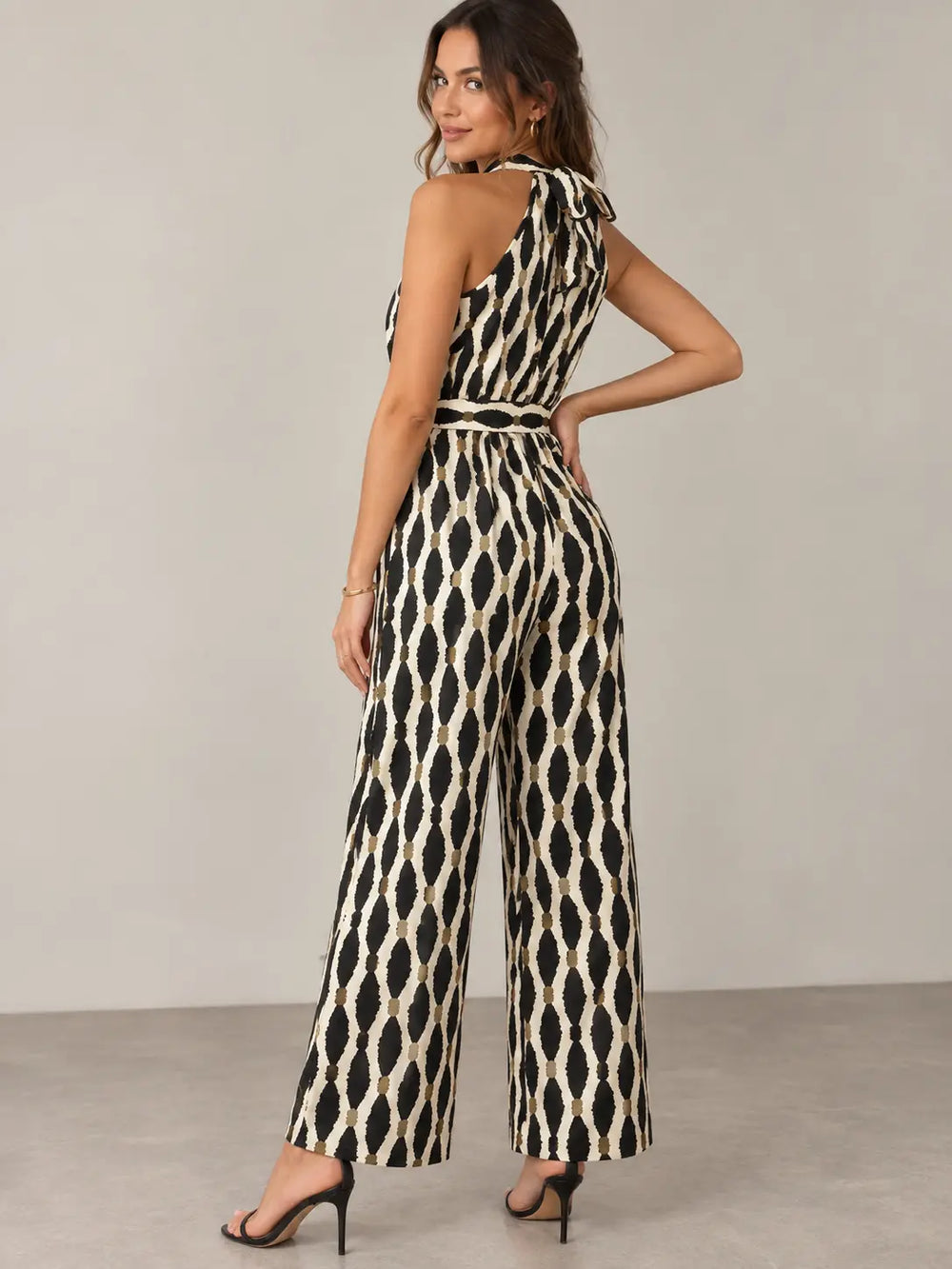 Tied Printed Grecian Neck Jumpsuit