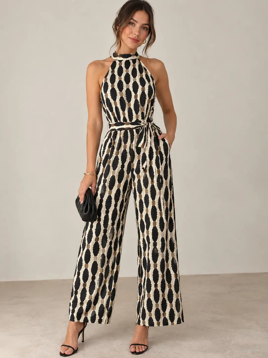 Tied Printed Grecian Neck Jumpsuit
