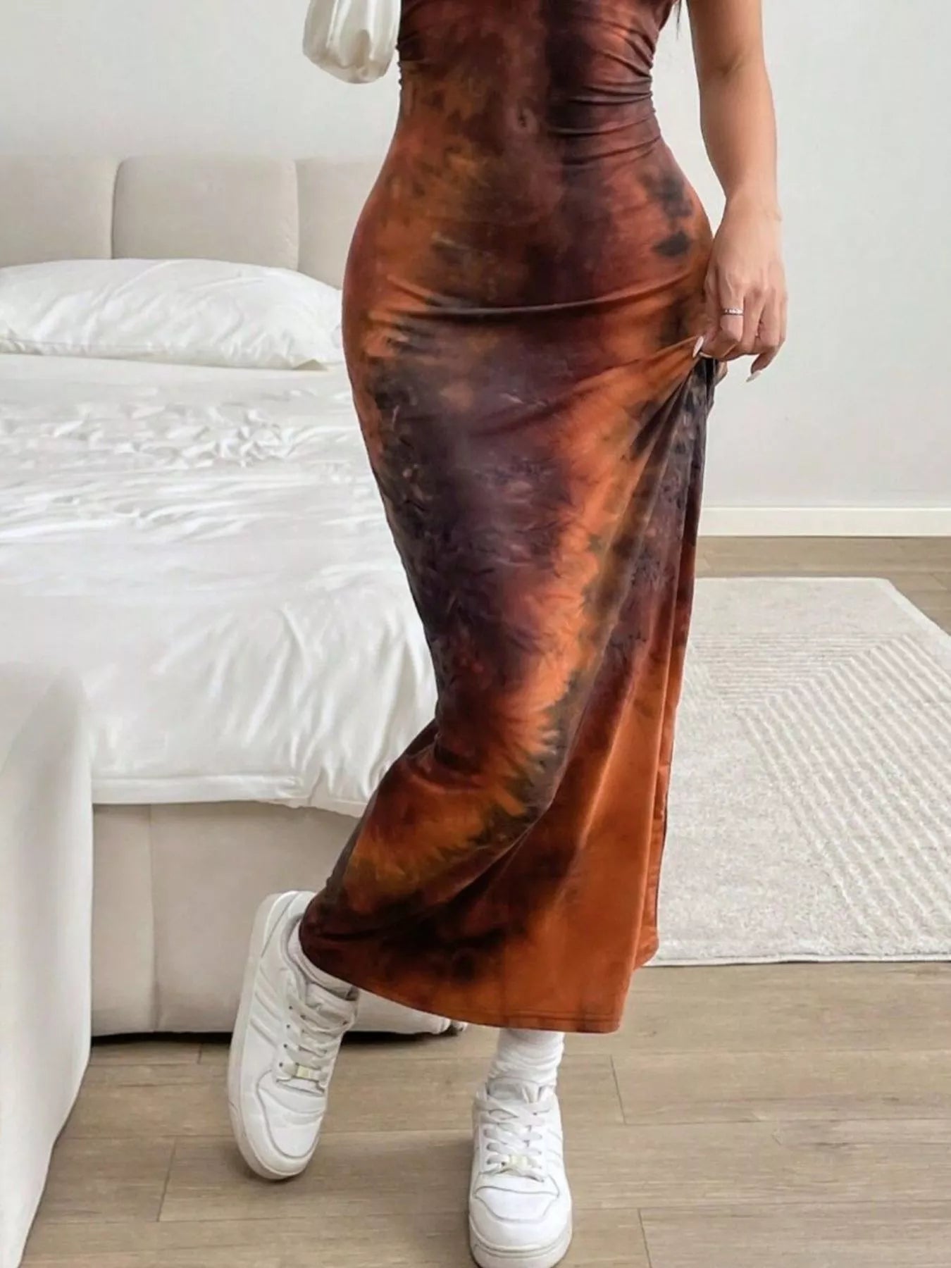 tie dye bodycon midi dress Red Tie Dye Print Ruched Bodycon Mesh Midi Dress