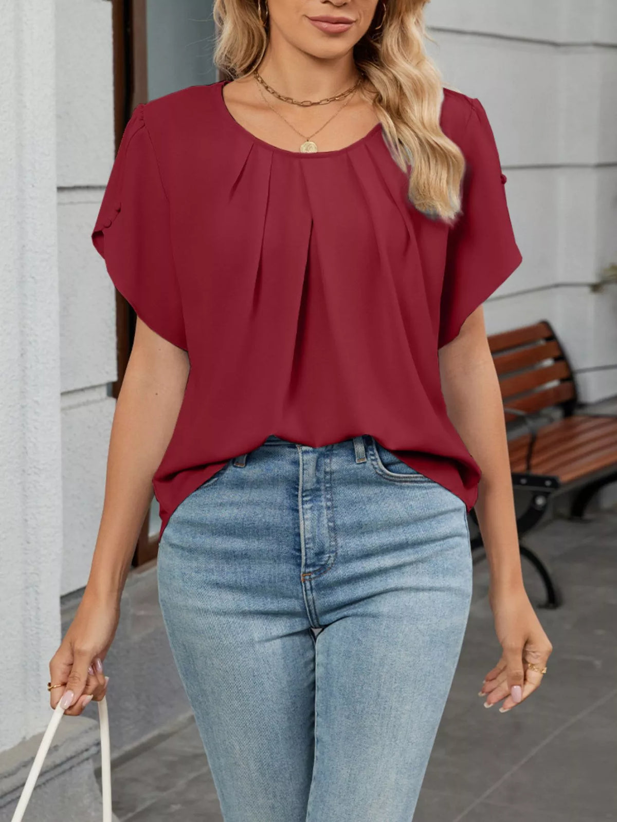 Elegant Pleated Flowy Short Sleeve Blouse