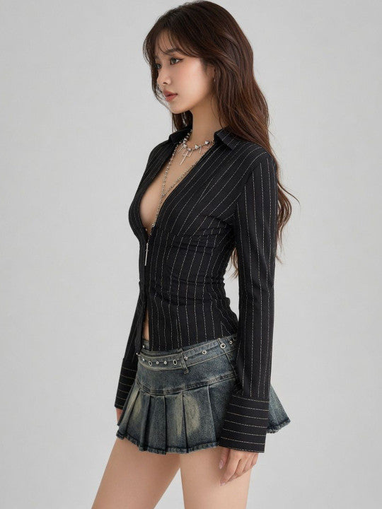 Striped Long Sleeve Fitted Blouse
